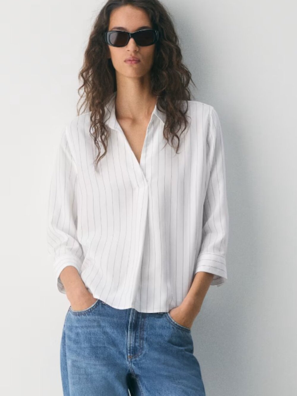 Aritzia Babaton Persona Shirt S White Navy Stripe Tencel Polo Blouse